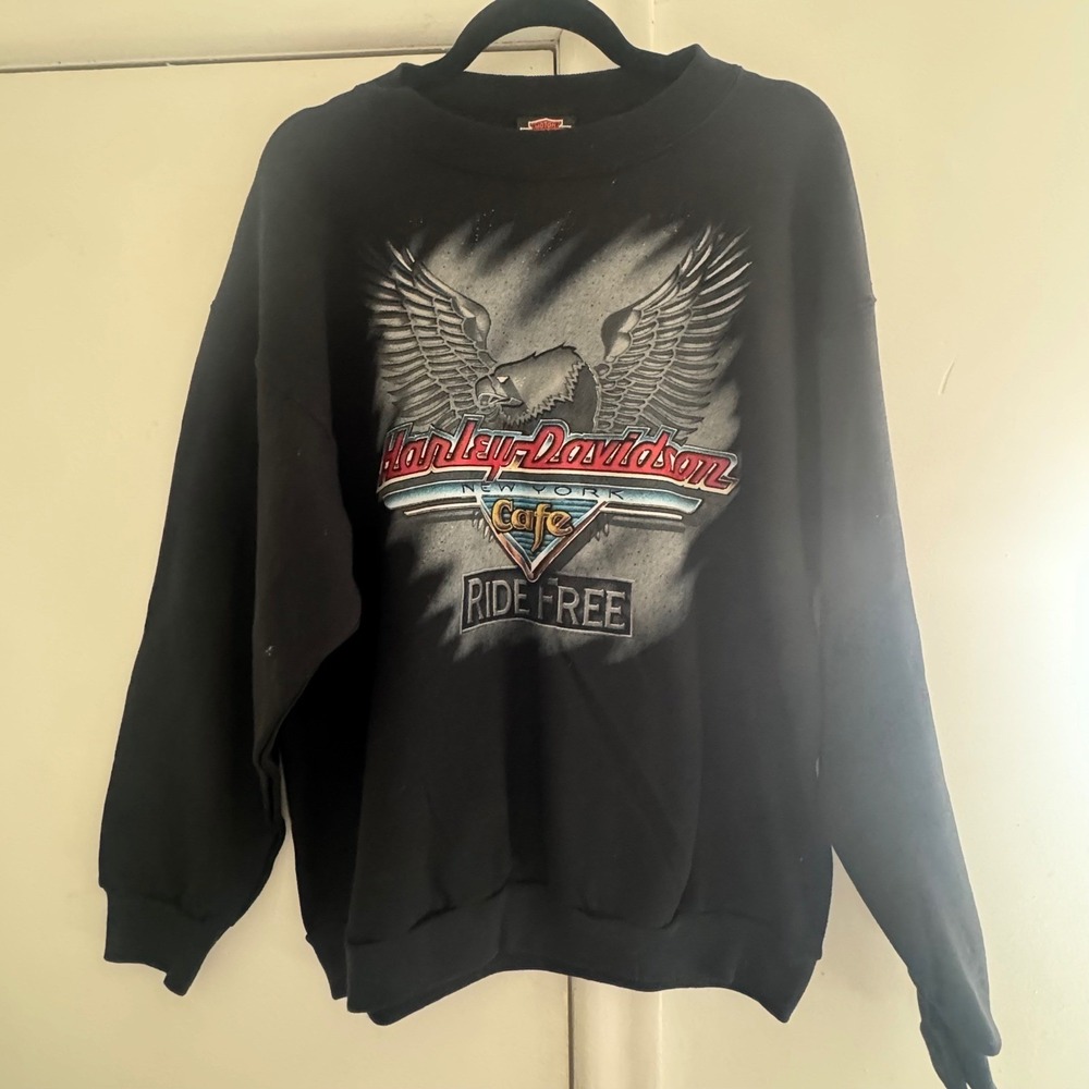 Vintage Harley-Davidson New York Cafe Ride Free Eagle Sweatshirt Black Men L USA